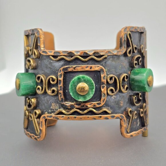 VTG Casa Maya Brutalist Copper & Malachite 2" Wide Cuff Bracelet 7" Mexico 99.8g - Picture 1 of 15